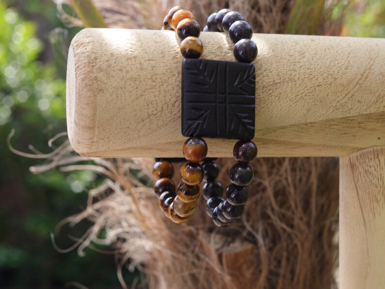Crazy unique double row beaded bracelet with  Natural Bloodstone Beads and Tiger Eye. With a beautiful Wajakaa ECO jewelry box.