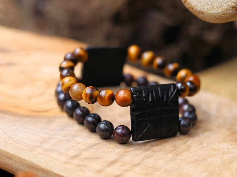 Crazy unique double row beaded bracelet with  Natural Bloodstone Beads and Tiger Eye. With a beautiful Wajakaa ECO jewelry box.
