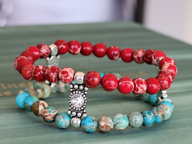 Chic 6mm red and Turquoise imperial sea sediment Jasper bracelet with SWAROVSKI elements. bring inner peace and amplify feelings