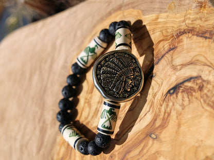 Native American Chief Thunderbird bead bracelet with grey Lava stones bracelet. considered a supernatural being of power and strength.