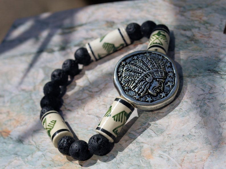 Native American Chief Thunderbird bead bracelet with grey Lava stones bracelet. considered a supernatural being of power and strength.