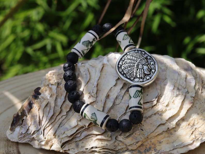 Native American Chief Thunderbird bead bracelet with grey Lava stones bracelet. considered a supernatural being of power and strength.