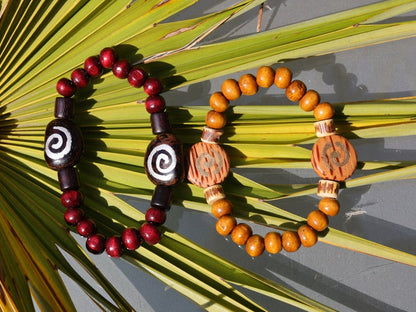 Wooden collection - 2x BRACELETS Cherry Red/ brown roundel 8x7mm Natural Wood with Wooden spiral beads.  mysterious symbol of space