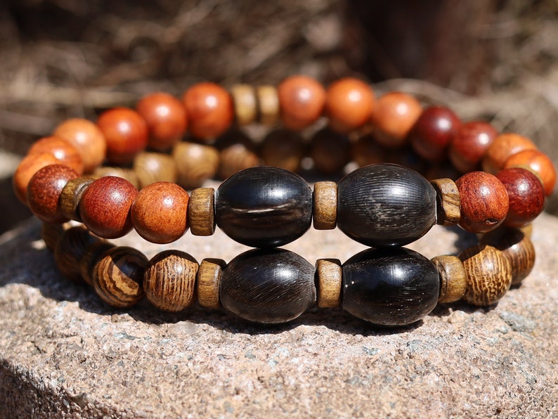 Wooden collection - 2x BRACELETS UniqueNatural Wenge Wood, Sandal wood beads. With handmade Horn Beads.