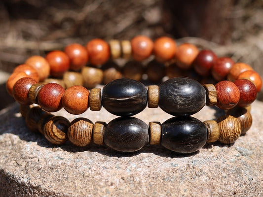 Wooden collection - 2x BRACELETS UniqueNatural Wenge Wood, Sandal wood beads. With handmade Horn Beads.
