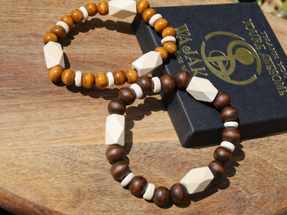 Wooden collection - 2x BRACELETS Design Wooden beads Schima  with Schima white facets beads. Sacred energy and metaphysical properties