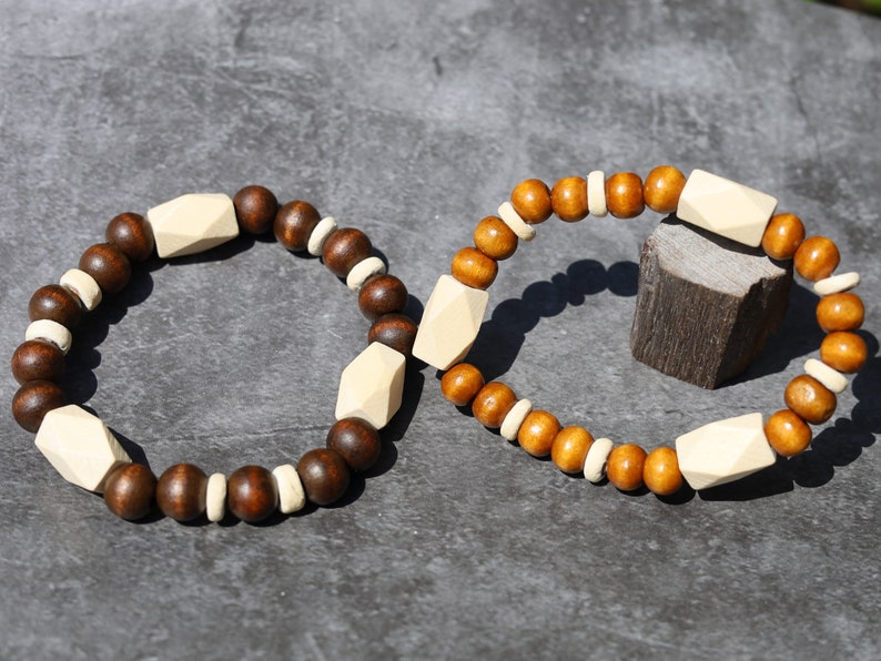 Wooden collection - 2x BRACELETS Design Wooden beads Schima  with Schima white facets beads. Sacred energy and metaphysical properties