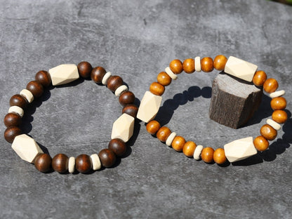 Wooden collection - 2x BRACELETS Design Wooden beads Schima  with Schima white facets beads. Sacred energy and metaphysical properties