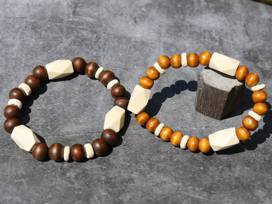 Wooden collection - 2x BRACELETS Design Wooden beads Schima  with Schima white facets beads. Sacred energy and metaphysical properties