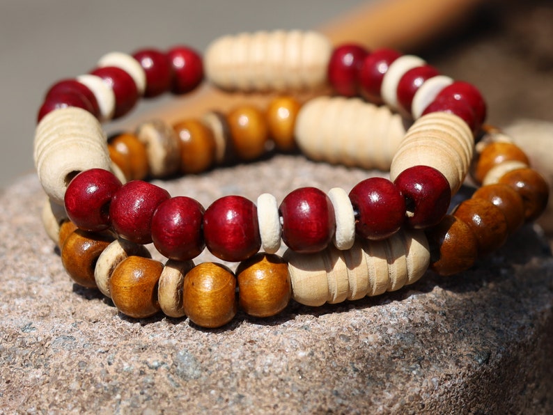 Wooden collection - 2x BRACELETS Cherry Red/ brown roundel 8x7mm Natural Wood with Coconut and 3x Turned wooden beads.