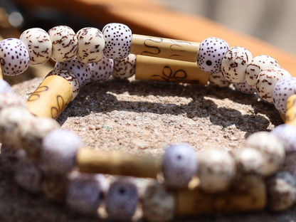 Wooden collection - 2x BRACELETS Starmoon and Nutural Bodhi Barrel bracelet with unique pattern Bamboo beads. metaphysical properties