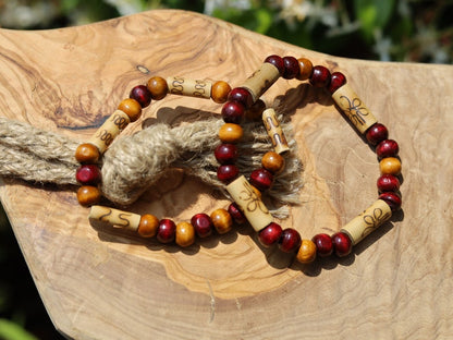 Wooden collection - 2x BRACELETS Cherry Red  Brown roundel beads 8x7mm Natural Wood. Combined with unique pattern Bamboo beads.