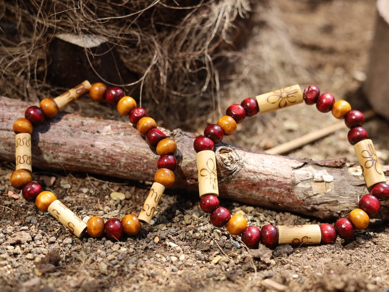 Wooden collection - 2x BRACELETS Cherry Red  Brown roundel beads 8x7mm Natural Wood. Combined with unique pattern Bamboo beads.