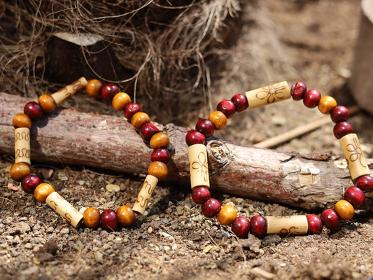 Wooden collection - 2x BRACELETS Cherry Red  Brown roundel beads 8x7mm Natural Wood. Combined with unique pattern Bamboo beads.