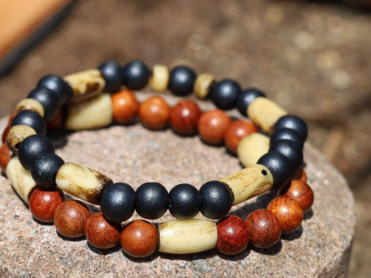 Wooden collection - 2x BRACELETS Rare Sandalwood black / crème Beads combined with old Antique White Bone Beads.