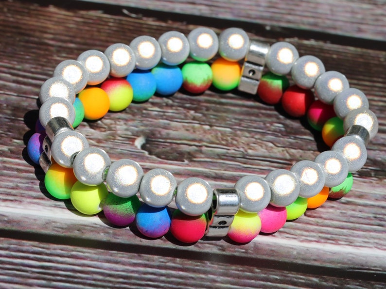 UV Reactive Fluorescent Beaded Double row Bracelet. Synthetic 3D silver beads round with Mixed Fluorescent Neon Beads Acrylic Round Beads.