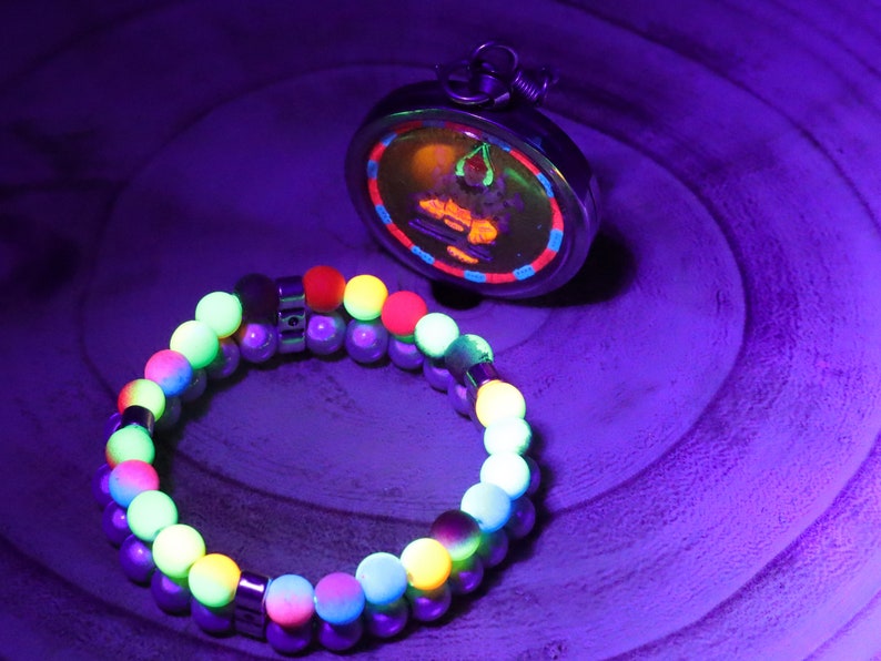 UV Reactive Fluorescent Beaded Double row Bracelet. Synthetic 3D silver beads round with Mixed Fluorescent Neon Beads Acrylic Round Beads.