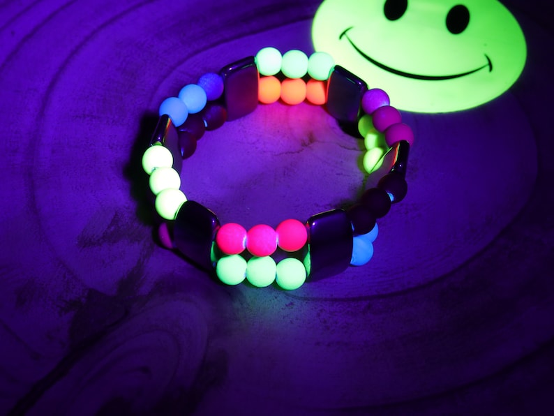 UV Reactive Fluorescent Beaded Double row Bracelet. Mixed Fluorescent Neon Beads Acrylic Round Beads. Exclusive Design Principles.