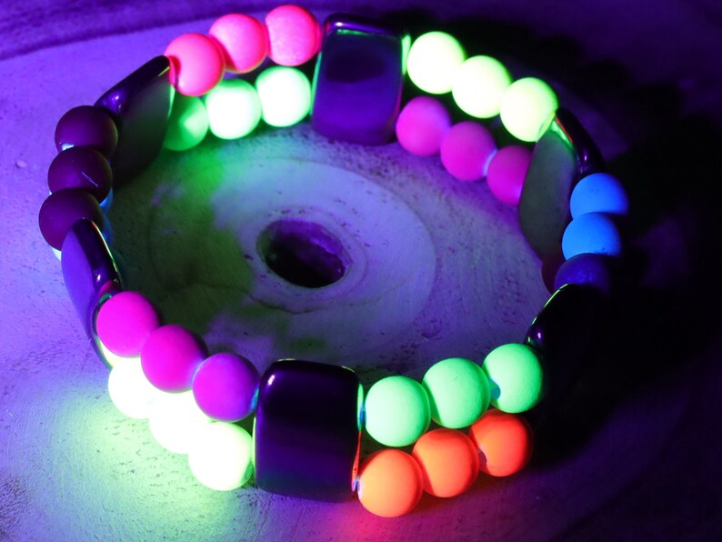 UV Reactive Fluorescent Beaded Double row Bracelet. Mixed Fluorescent Neon Beads Acrylic Round Beads. Exclusive Design Principles.