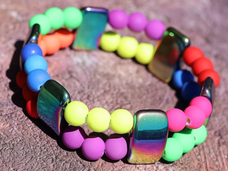 UV Reactive Fluorescent Beaded Double row Bracelet. Mixed Fluorescent Neon Beads Acrylic Round Beads. Exclusive Design Principles.