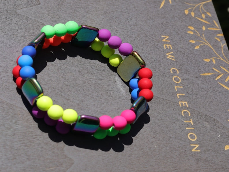 UV Reactive Fluorescent Beaded Double row Bracelet. Mixed Fluorescent Neon Beads Acrylic Round Beads. Exclusive Design Principles.