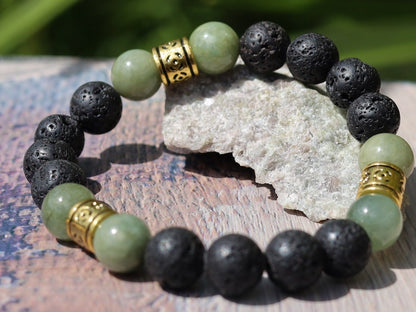Cool 10 mm High grade natural Green Jade with  Volcanic Lava Beads. the only rock known to be formed from nothing