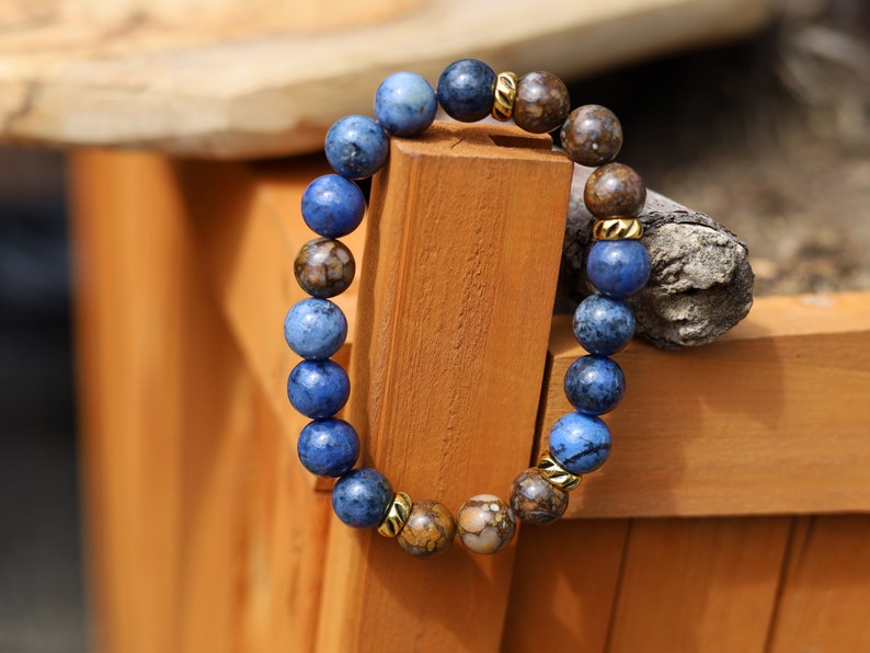 Likeable Dumortierite and brown Opal bracelet. One of a kind jewelry. Can help relieve depression and is useful of digestive problems