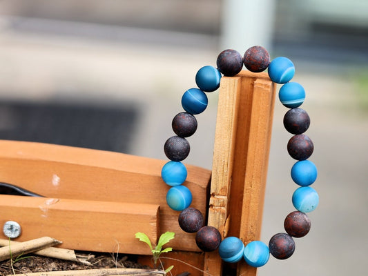 Natural Matte Saffron Jasper with amazing Blue Matt Banded Gray Agate beads. adds calmness, stability, and balance to life