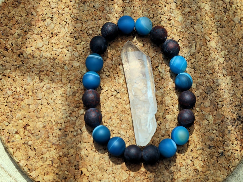 Natural Matte Saffron Jasper with amazing Blue Matt Banded Gray Agate beads. adds calmness, stability, and balance to life