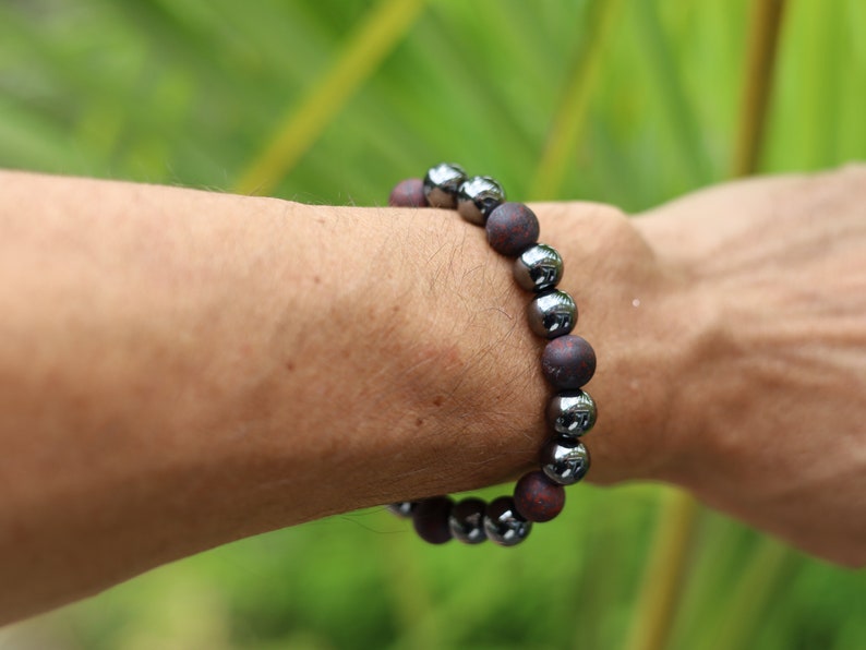 Natural Matte Saffron Jasper with grey Hematite crystal bracelet. release any feelings of stress, tension, worry, or nervousness