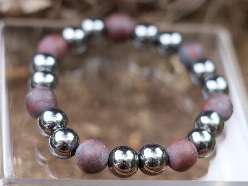 Natural Matte Saffron Jasper with grey Hematite crystal bracelet. release any feelings of stress, tension, worry, or nervousness