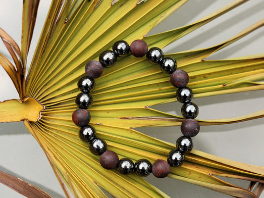 Natural Matte Saffron Jasper with grey Hematite crystal bracelet. release any feelings of stress, tension, worry, or nervousness