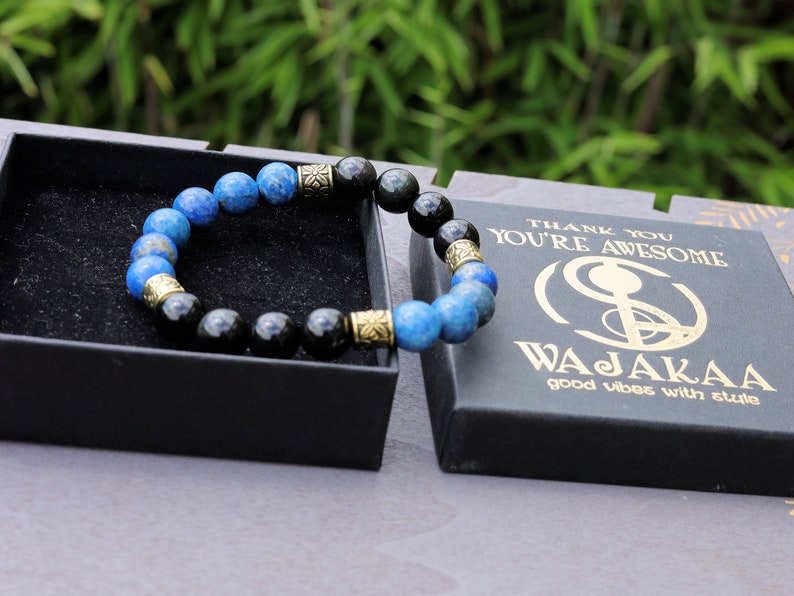 Smashing Natural Lapis Lazuli versus  Rainbow Obsidian beaded bracelet. Free offer gift wrapping with Wajakaa ECO jewelry box
