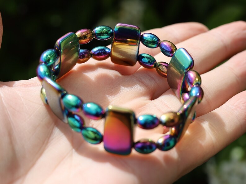 Powerhouse Double row beaded bracelets. Hematite Beads 8/9 mm - high grade Rainbow colored hematite, rice shaped beads