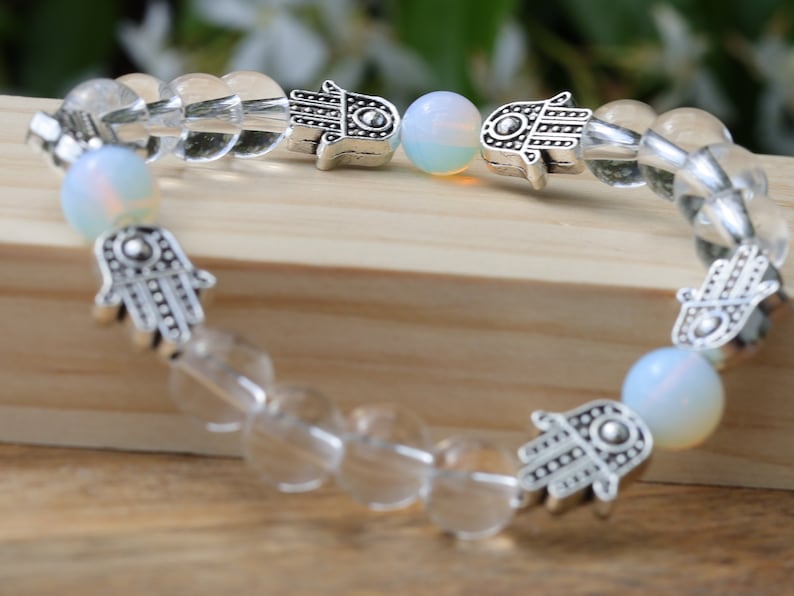 Loving Rock crystal / Opalite combined with Tibetan Style Alloy Hamsa Hand/Hand of Fatima/Hand of Miriam Beads.