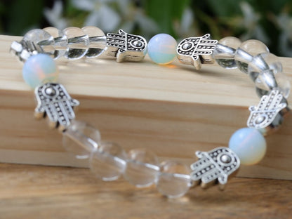 Loving Rock crystal / Opalite combined with Tibetan Style Alloy Hamsa Hand/Hand of Fatima/Hand of Miriam Beads.