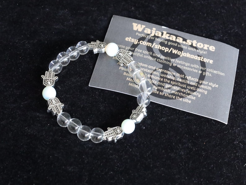 Loving Rock crystal / Opalite combined with Tibetan Style Alloy Hamsa Hand/Hand of Fatima/Hand of Miriam Beads.