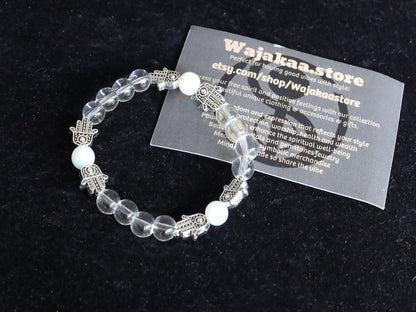 Loving Rock crystal / Opalite combined with Tibetan Style Alloy Hamsa Hand/Hand of Fatima/Hand of Miriam Beads.