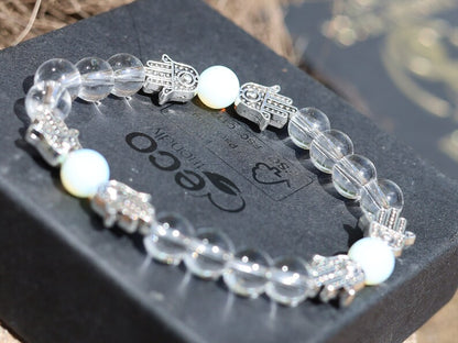 Loving Rock crystal / Opalite combined with Tibetan Style Alloy Hamsa Hand/Hand of Fatima/Hand of Miriam Beads.