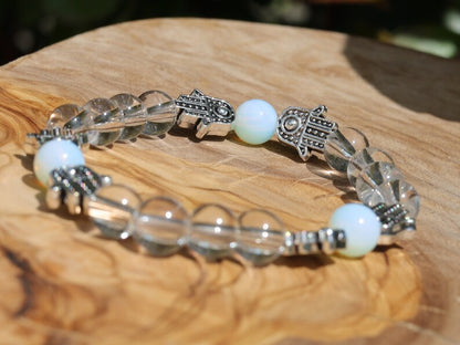 Loving Rock crystal / Opalite combined with Tibetan Style Alloy Hamsa Hand/Hand of Fatima/Hand of Miriam Beads.