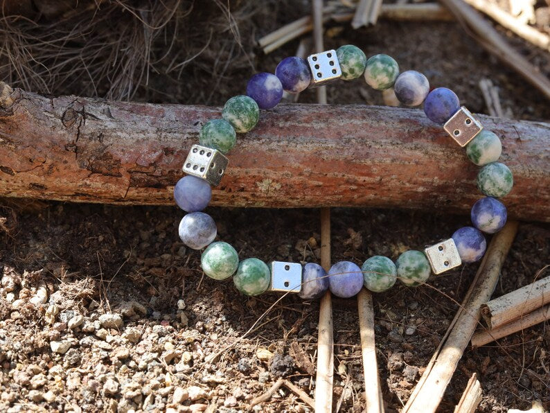 Lucky Dice with Green / Blue Spot Jasper matte beads.  Encourages one to celebrate moments of beauty in the ordinary and the extraordinary