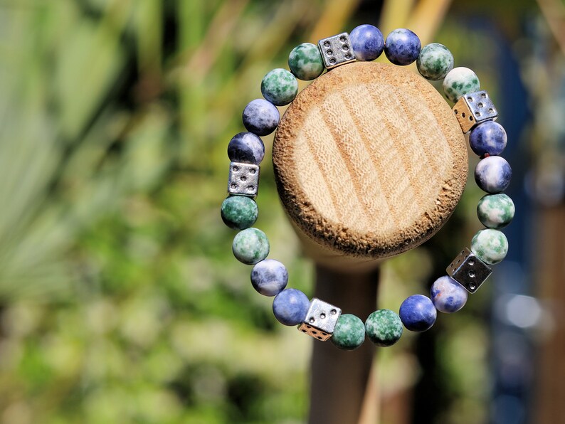 Lucky Dice with Green / Blue Spot Jasper matte beads.  Encourages one to celebrate moments of beauty in the ordinary and the extraordinary