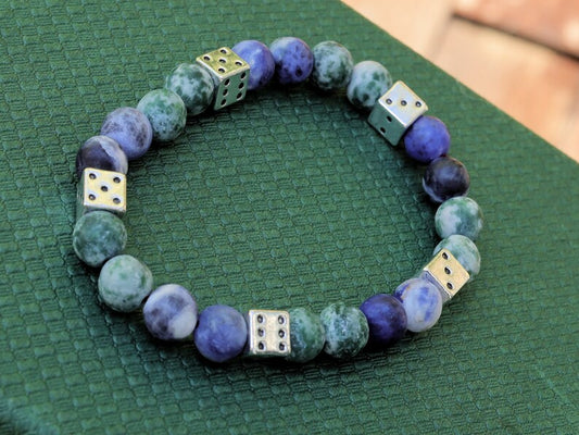 Lucky Dice with Green / Blue Spot Jasper matte beads.  Encourages one to celebrate moments of beauty in the ordinary and the extraordinary