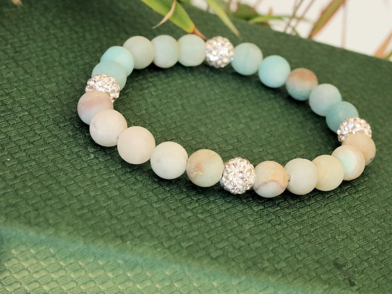 Astonishing Frosted Natural Flower Amazonite with Pave Disco Ball Beads, Polymer Clay Rhinestone Beads. excellent light reflection