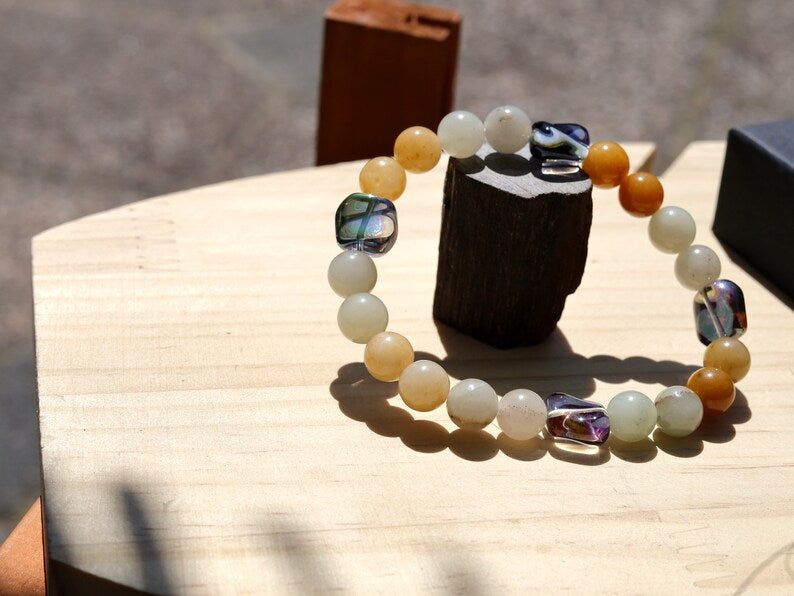Attracting combination bracelet with Blue Natural Old Topaz Jade and green Myanmar Jade/Burmese Jade.  re-motivates and aligns the meridians