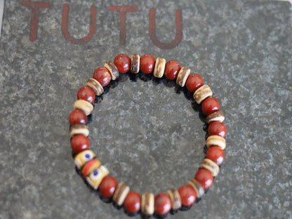 Tribal Natural Red Rainbow Jasper combined with beautiful Disc coconut and  beautiful Ghana powder Glass Trade Bead