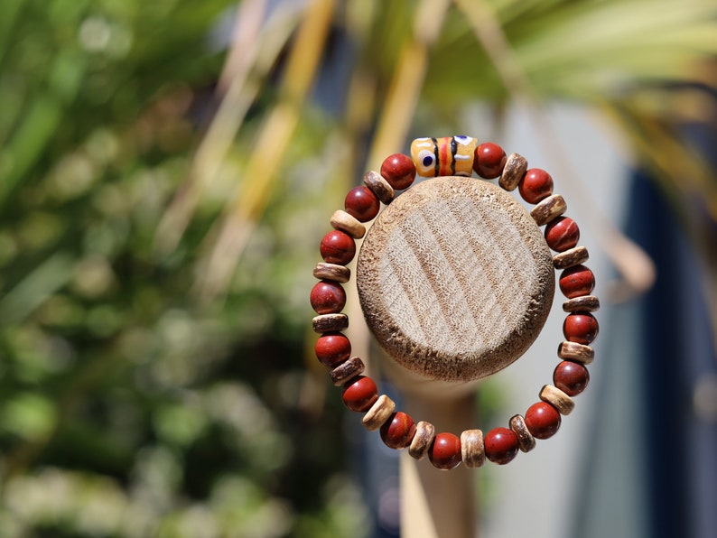 Tribal Natural Red Rainbow Jasper combined with beautiful Disc coconut and  beautiful Ghana powder Glass Trade Bead