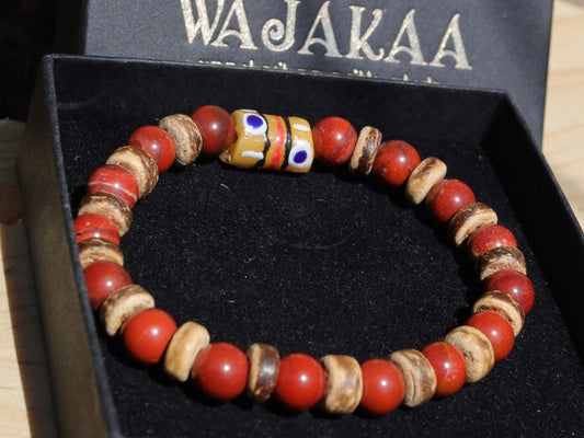 Tribal Natural Red Rainbow Jasper combined with beautiful Disc coconut and  beautiful Ghana powder Glass Trade Bead