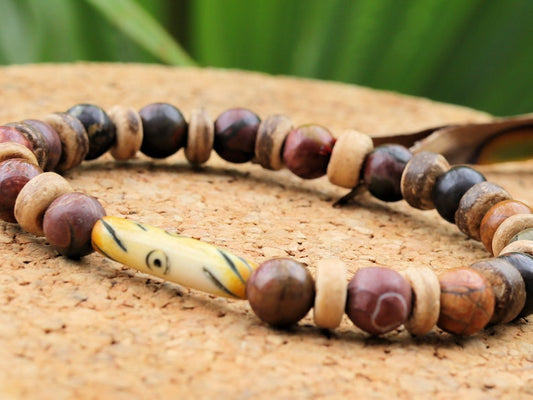 Rare Natural Picasso Stone/Picasso Jasper Bead bracelet combined with beautiful Disc coconut and  fantastic handmade bone bead from Africa.