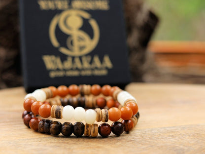 Wooden collection - 2x BRACELETS Weathered Brown Natural Bodhi / White Bodhi Apple Beads. Bayong wooden beads